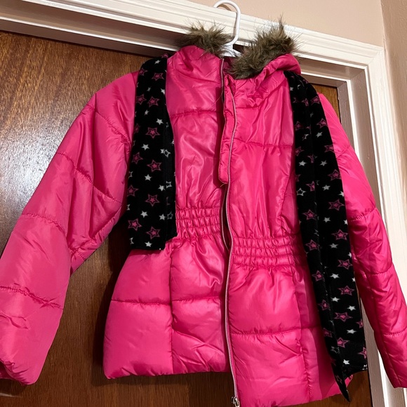 Rothschild Pink Rain Jacket with Fur Hoodie + attached scarf - Girls Size L/14 - Picture 1 of 1
